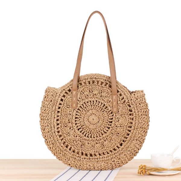 Women Round Hollow Straw Tote Bag