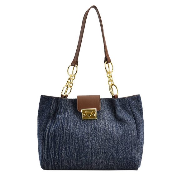 Large capacity denim fabric bag with metal chain