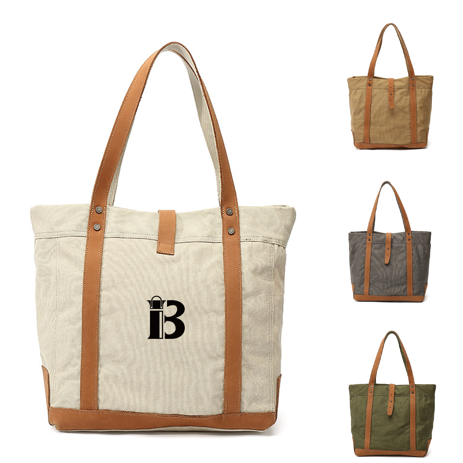 Leather Handle Handbag Waterproof Canvas Bag