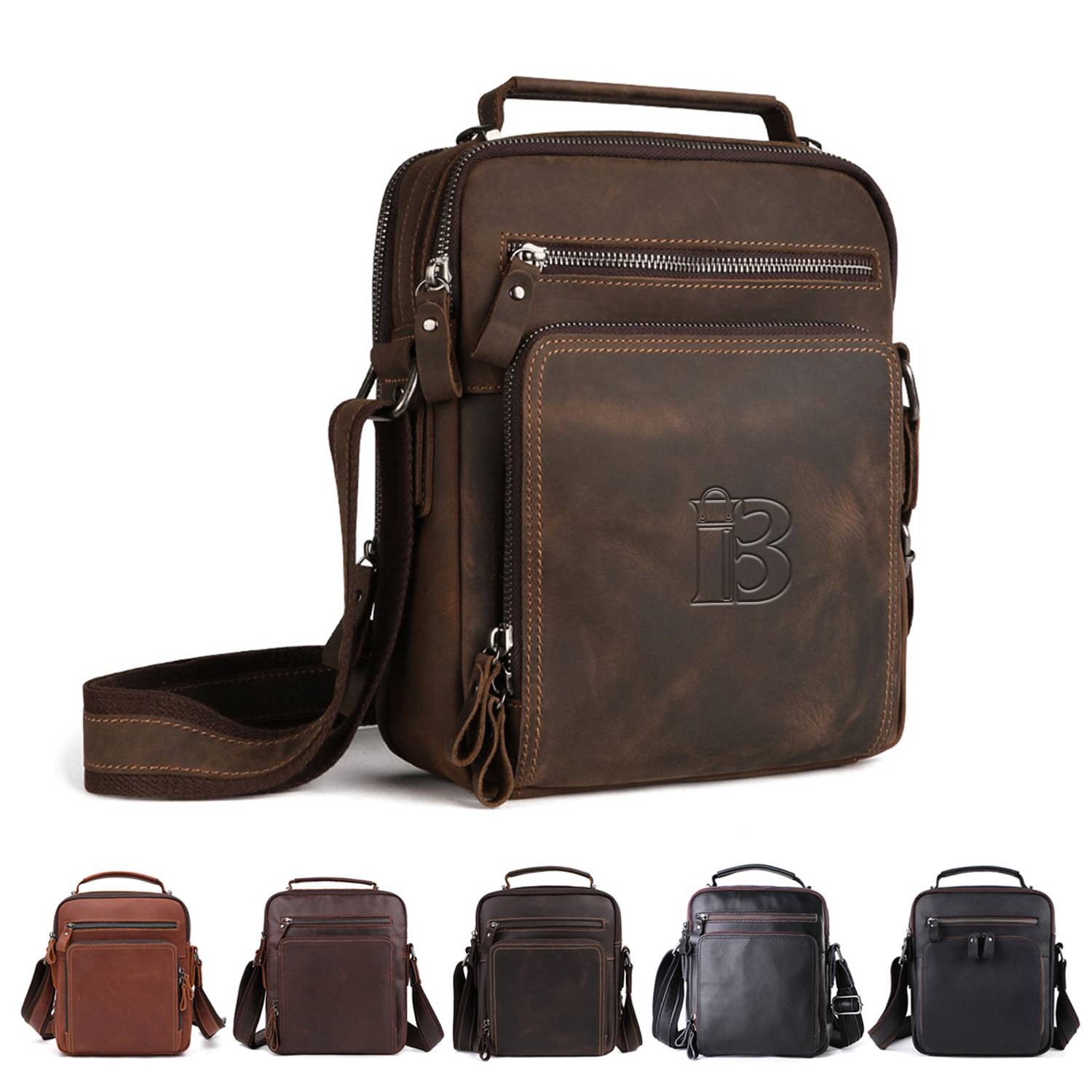 Large capacity genuine leather crossbody bag for men