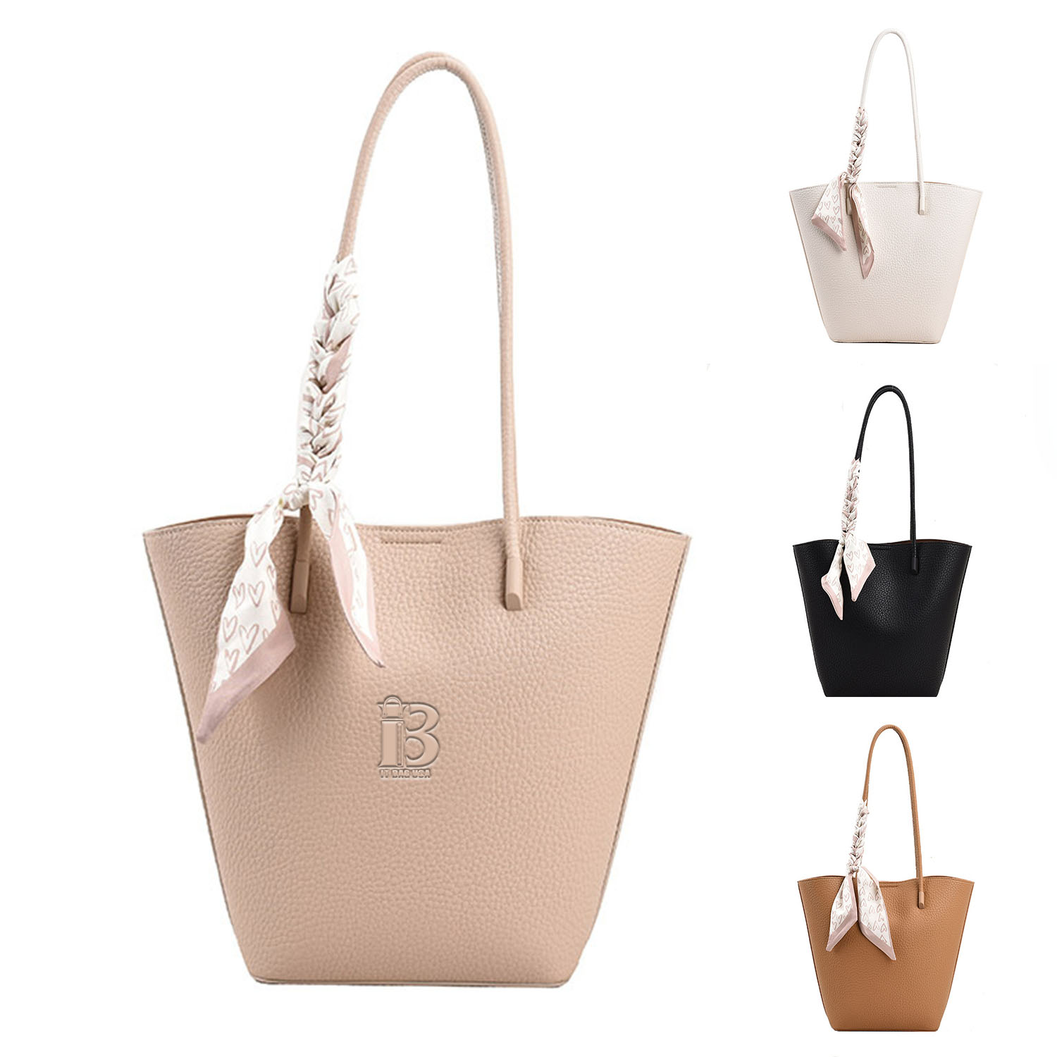 Sophisticated PU Leather Bucket Tote Bag with Silk Scarf