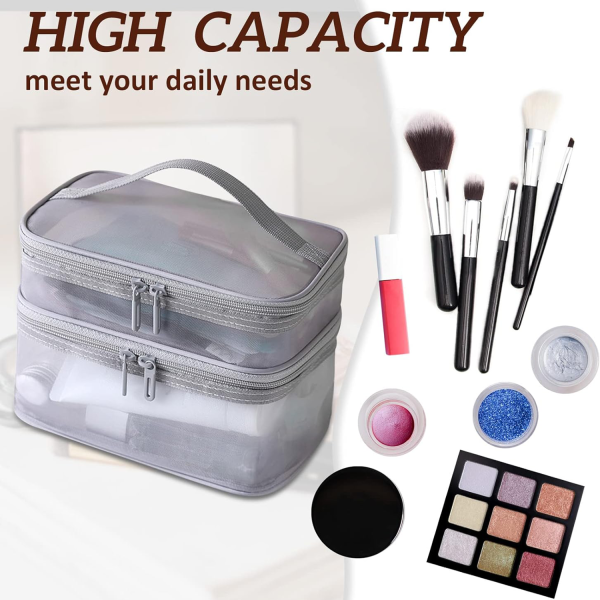Large Capacity Portable Double Layer Mesh Cosmetics Bag