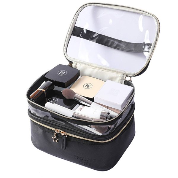 PU Leather Black Double Layer Cosmetic Bag