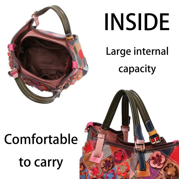 Genuine Leather Colorful flowers hand-paneled plaid tote bag