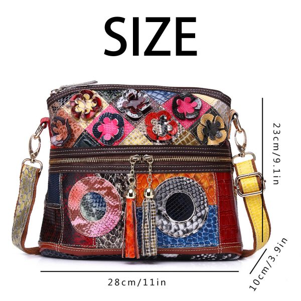 Genuine Leather Contrasting hand-fringed floral paneling bag