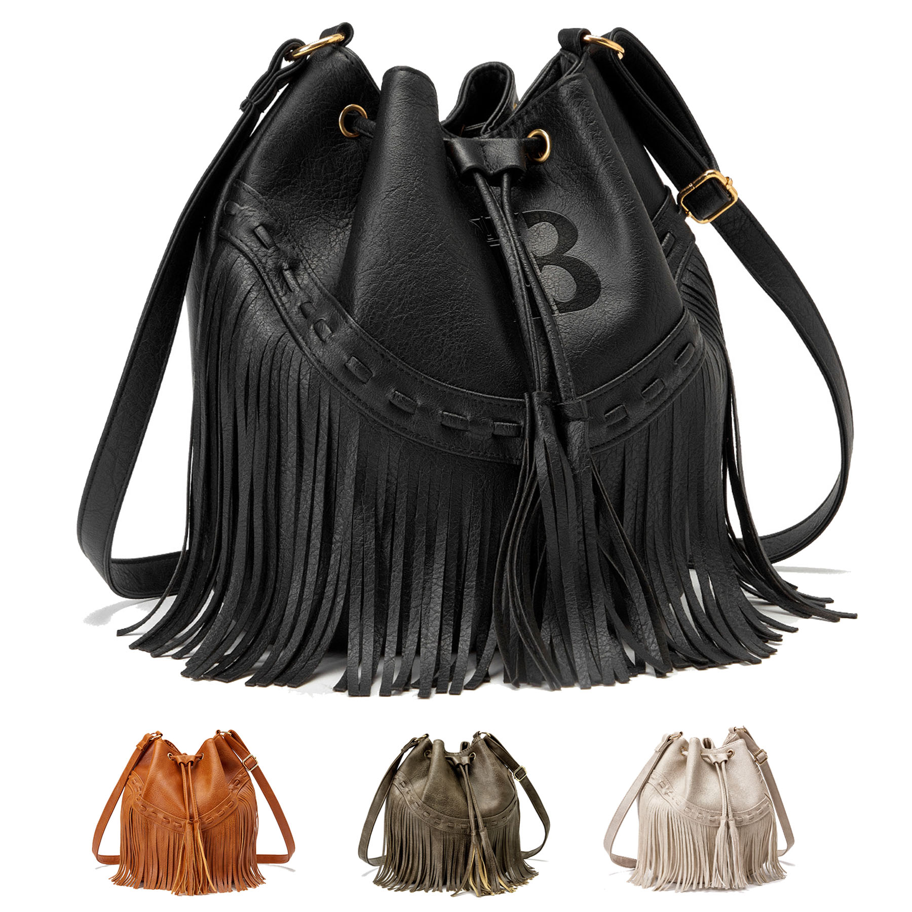 PU Leather Tassel Bucket Crossbody Bag