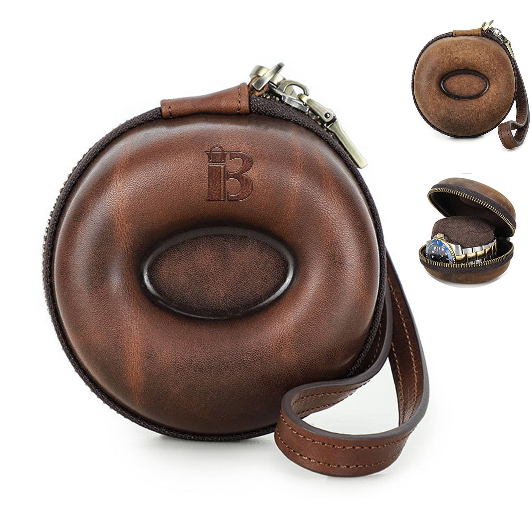 Genuine Leather Round portable watch storage bag
