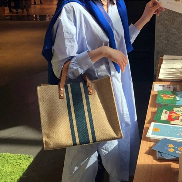 Woven Label Straw Tote Bag With Leather Belt