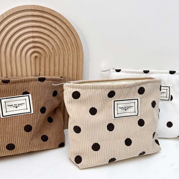 Vintage Style Organizer Corduroy Polka-Dot Makeup Bag