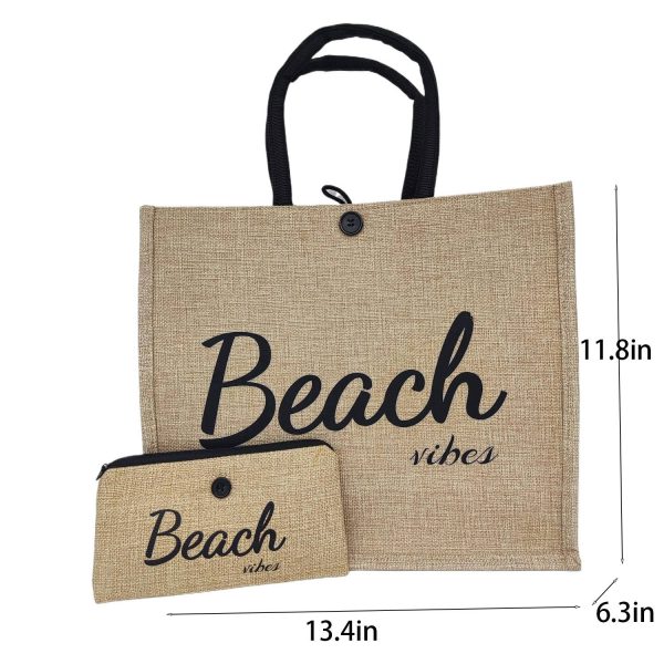Spacious Linen Cotton Beach Tote Bag w/ Wallet