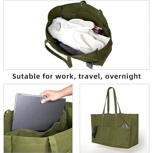 Large Capacity Canvas Tote Bag w/ Pocket for Work Travel