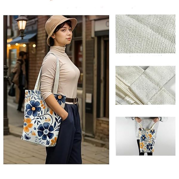 Women's Zippered Canvas Tote Bag w/ Strap for Shopping