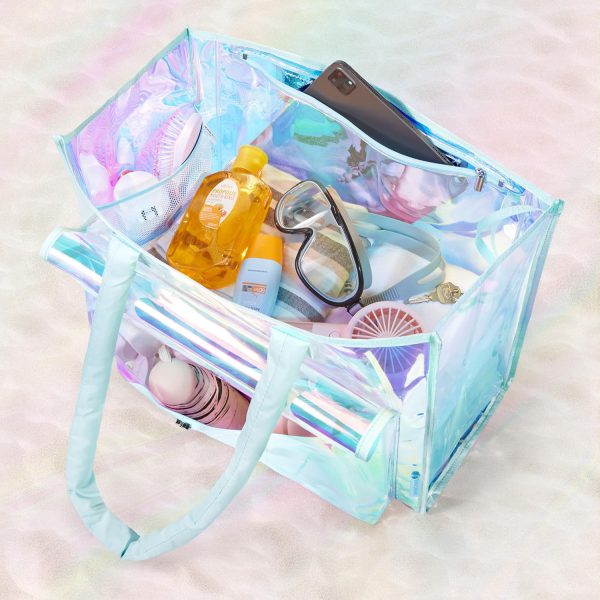 Holographic PVC Waterproof Beach Tote Bag w/ Phone Pouch
