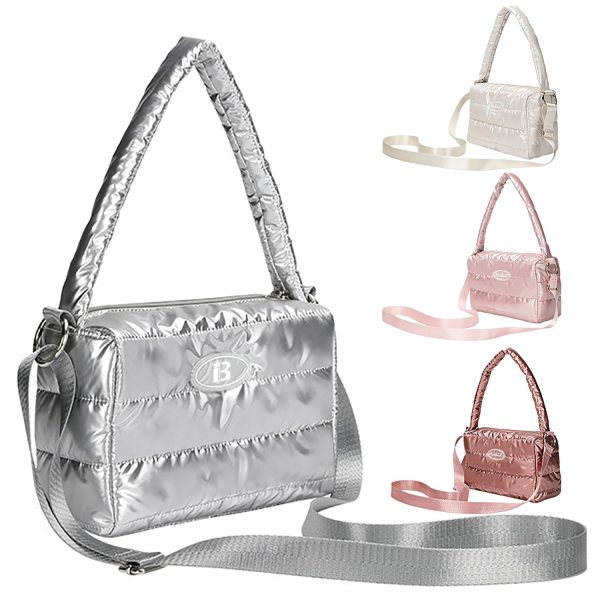 Zipper Top Cotton Quilted Puffer Crossbody Tote Bag