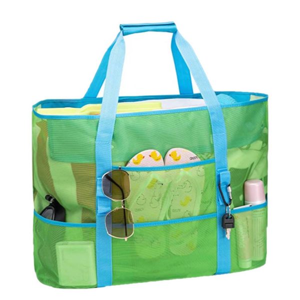Large Mesh Nylon Beach Tote Bag w/ Pockets for Travel