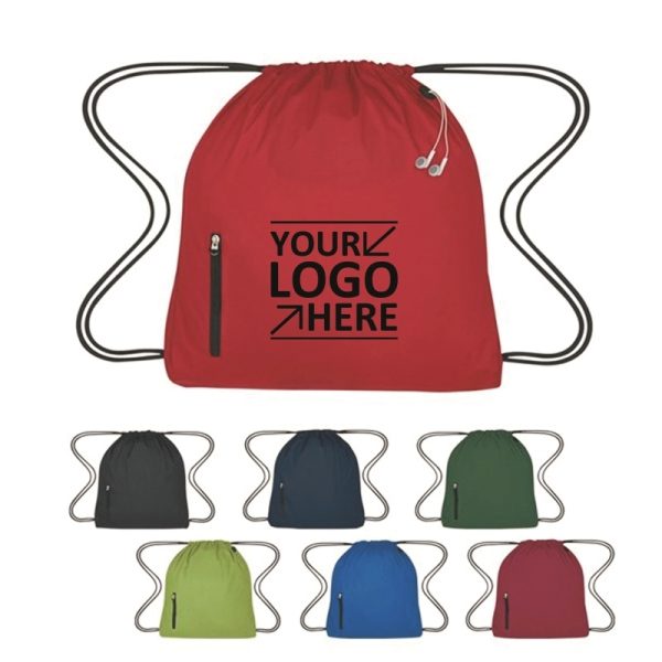Sports Drawstring Bag with zippered pocket and Earphone Hole