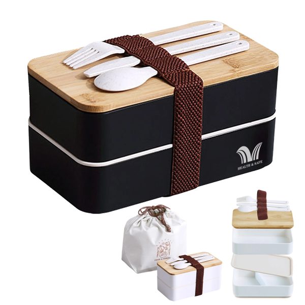 Double Plastic Lunch Box With Bamboo Cover