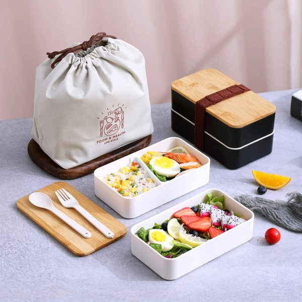 Double Plastic Lunch Box With Bamboo Cover