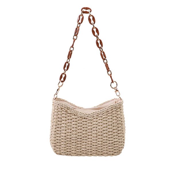 Straw Woven Shoulder Bag Handbag w/ Chain for Beach Travel