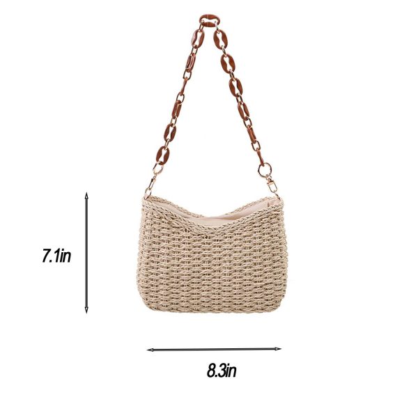 Straw Woven Shoulder Bag Handbag w/ Chain for Beach Travel