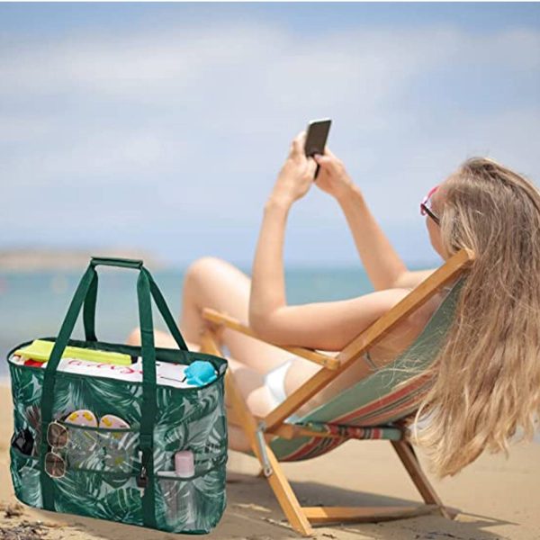 Large Mesh Nylon Beach Tote Bag w/ Pockets for Travel