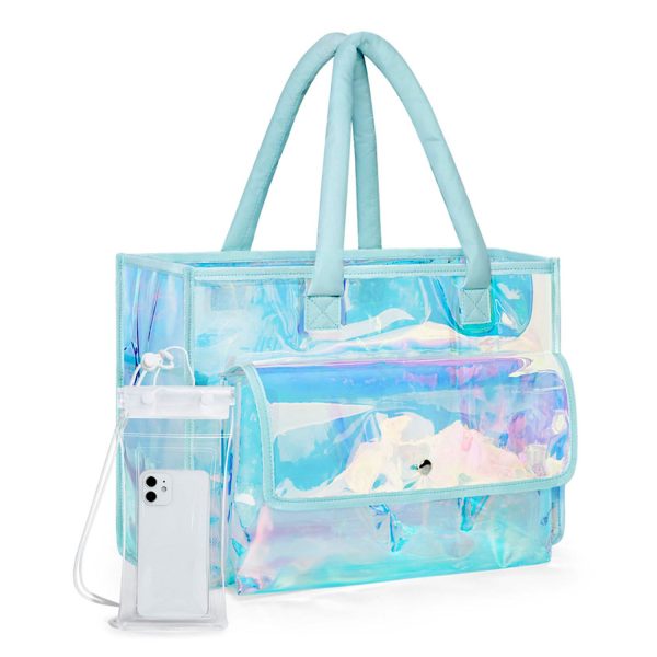 Holographic PVC Waterproof Beach Tote Bag w/ Phone Pouch