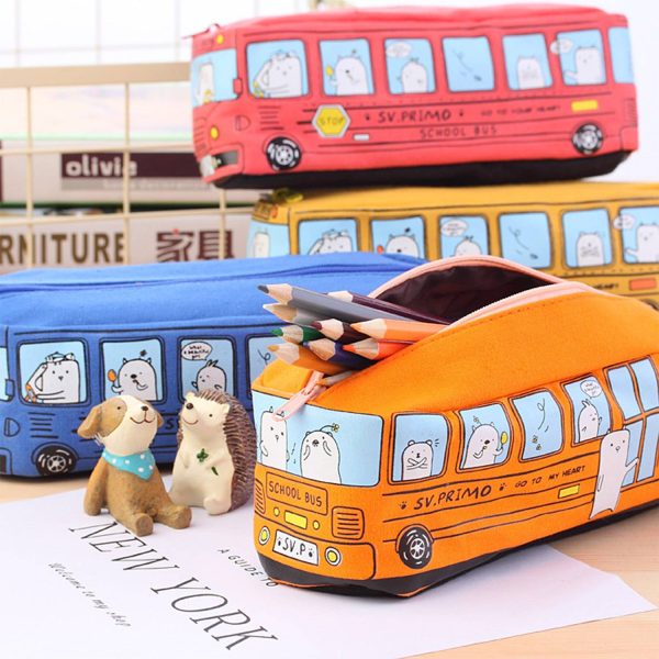 Cartoon City Bus Pencil Pouch Large Canvas Zipper Bag