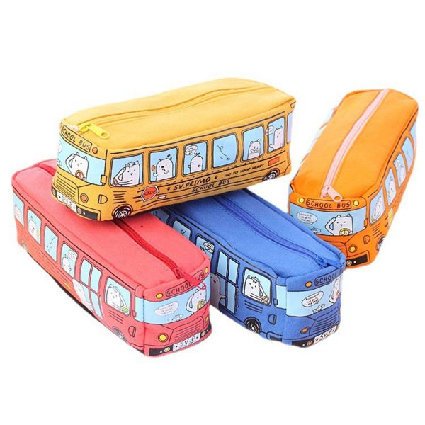 Cartoon City Bus Pencil Pouch Large Canvas Zipper Bag