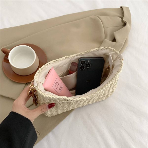 Straw Woven Shoulder Bag Handbag w/ Chain for Beach Travel