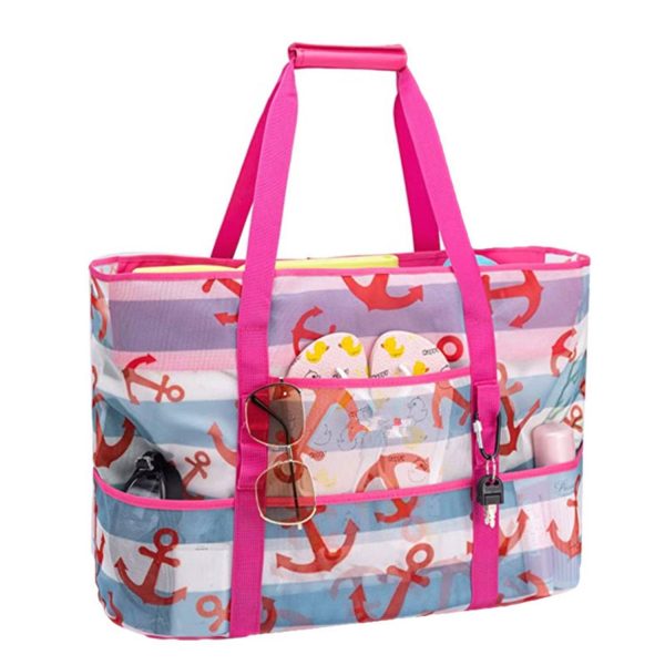 Large Mesh Nylon Beach Tote Bag w/ Pockets for Travel