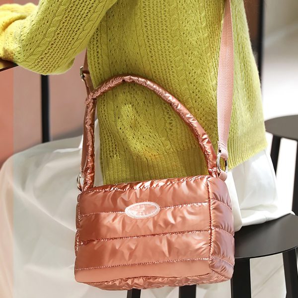 Zipper Top Cotton Quilted Puffer Crossbody Tote Bag