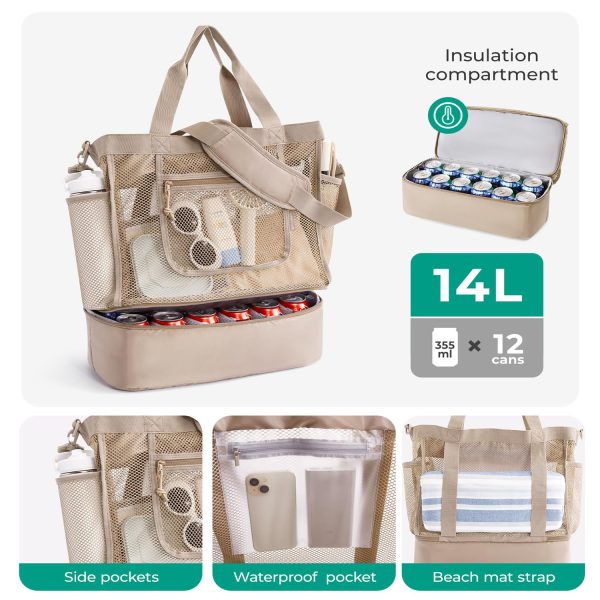 14L Cooler Compartment Nylon Mesh Beach Tote Bag