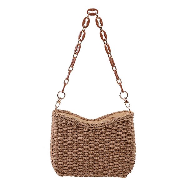 Straw Woven Shoulder Bag Handbag w/ Chain for Beach Travel