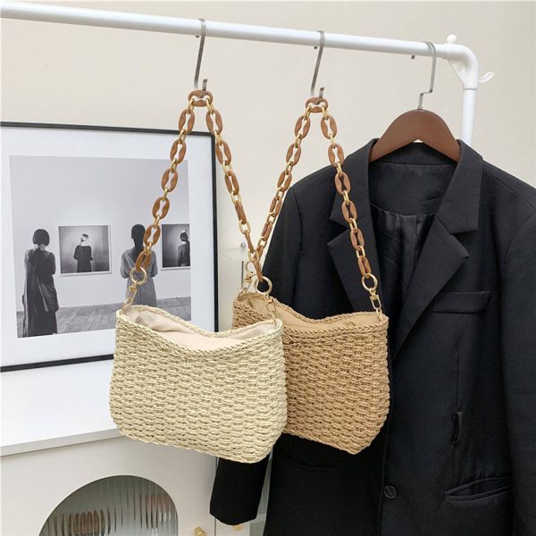 Straw Woven Shoulder Bag Handbag w/ Chain for Beach Travel