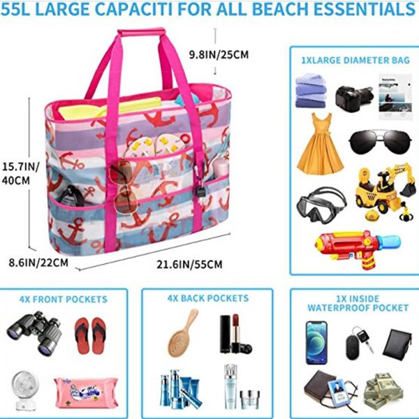 Large Mesh Nylon Beach Tote Bag w/ Pockets for Travel