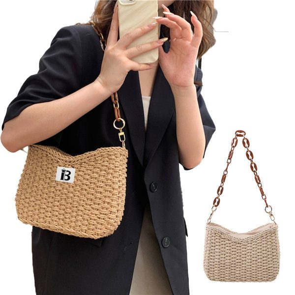 Straw Woven Shoulder Bag Handbag w/ Chain for Beach Travel
