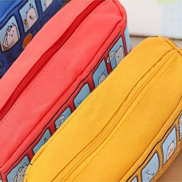 Cartoon City Bus Pencil Pouch Large Canvas Zipper Bag