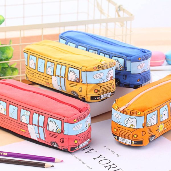 Cartoon City Bus Pencil Pouch Large Canvas Zipper Bag