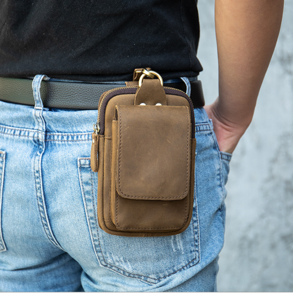 Mens Genuine Leather Mobile Phone Waist Bag