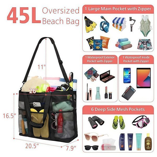 45L Large Capacity Nylon Mesh Beach Tote Bag