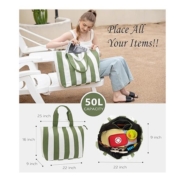 50L Large Capacity Canvas Zipper Beach Tote Bag