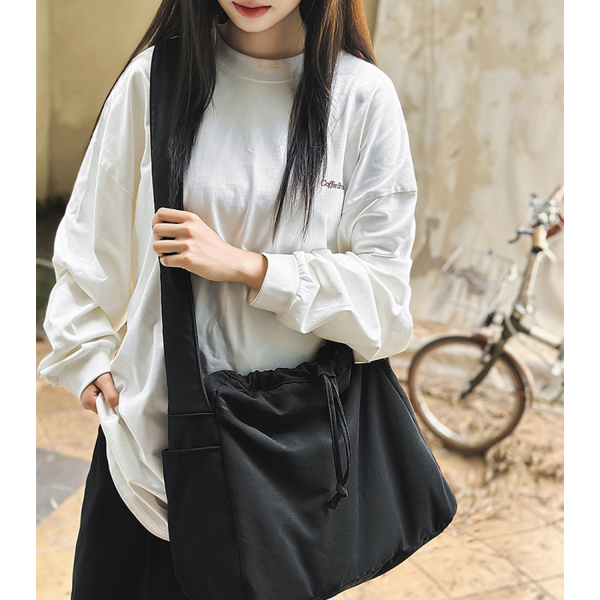 Water Resistant Nylon Drawstring Crossbody Tote Bag