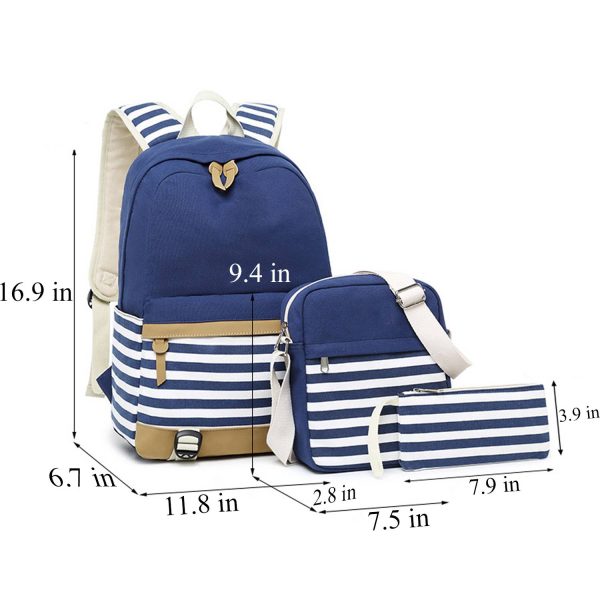 3Pcs Women Lightweight Stripe Canvas Backpack Set