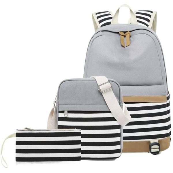 3Pcs Women Lightweight Stripe Canvas Backpack Set