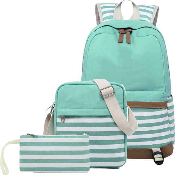 3Pcs Women Lightweight Stripe Canvas Backpack Set