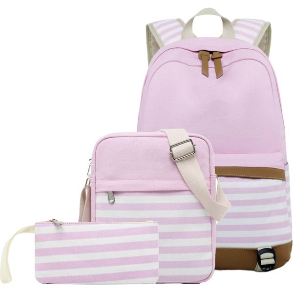 3Pcs Women Lightweight Stripe Canvas Backpack Set