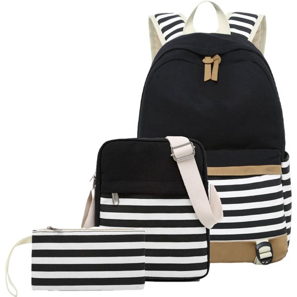 3Pcs Women Lightweight Stripe Canvas Backpack Set