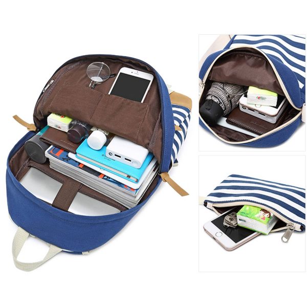 3Pcs Women Lightweight Stripe Canvas Backpack Set