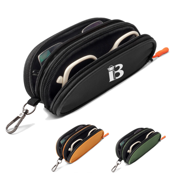 Nylon Double Layer Zipper Eyeglass Storage Bag w/ Carabiner