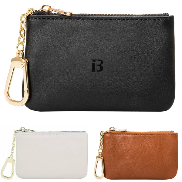 Square Zipper Genuine Leather Coin Purse w/ Keychain